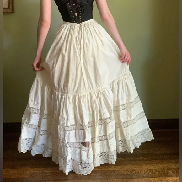 Antique Tiered Petticoat, Full Length Lace Skirt, Corset Waist - Picture 4 of 12
